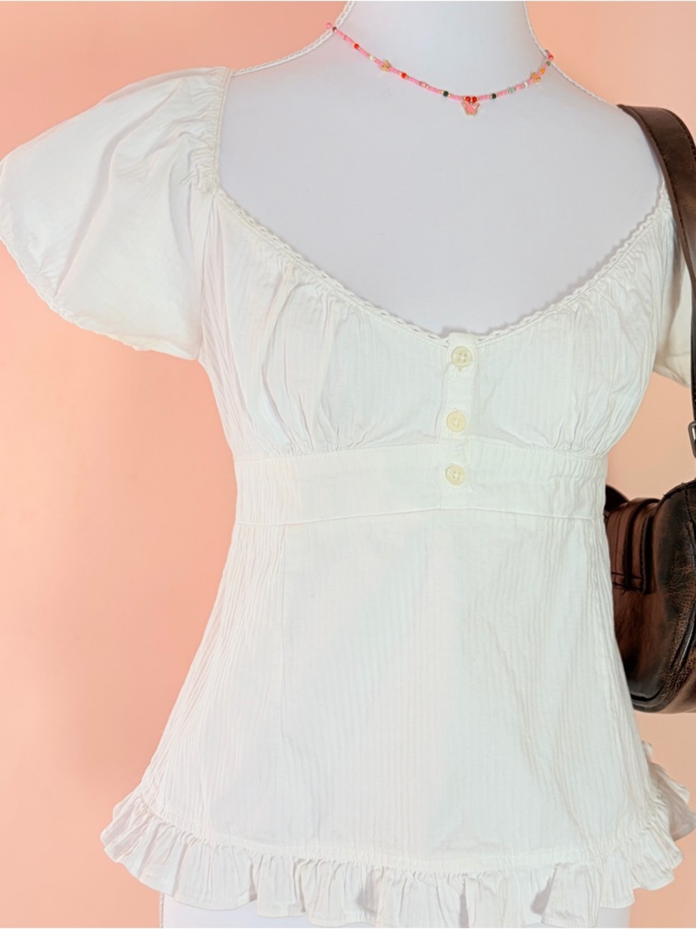 Brandy Melville White Scoop-Neck Puff Sleeve Top - Picture 5 of 7